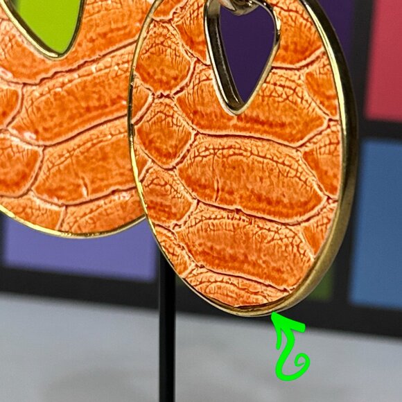 Orange Circle Shape With Cutout Animal Print Texture Faux Gold Trim‎ Earrings - Picture 9 of 11